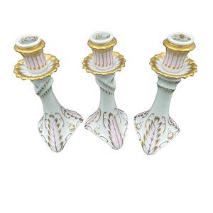 Hollohaza Hungary Porcelain 9016  Candlestick Holder Set Of 3 White Pink Green